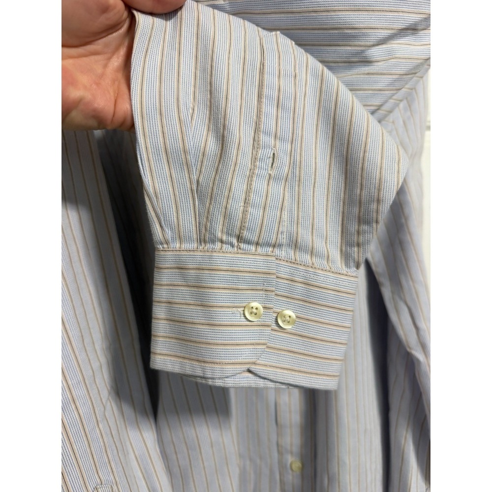 Chaps Button Down Shirt Mens 18-18.5 34/35 Blue Tan Striped Classic Fit Twill - Picture 7 of 9